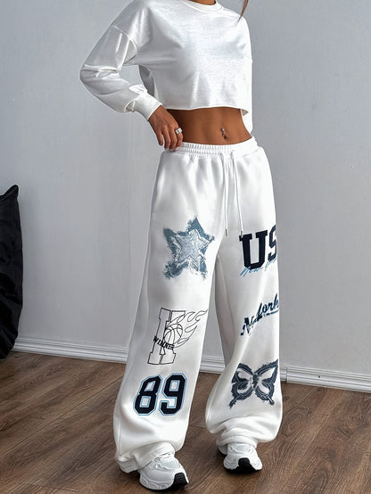 Women'S Casual Print Loose-Fit Pants with Drawstring, And Blend, Machine Washable