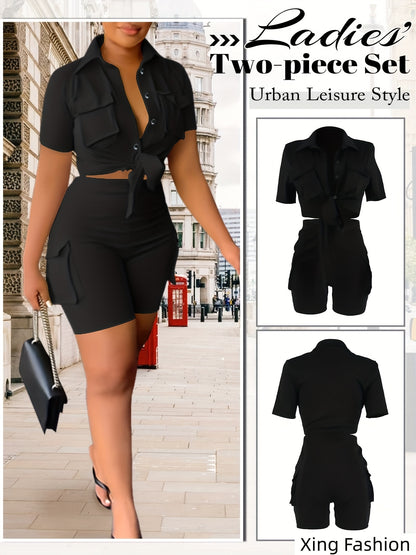 Women 2pcs Outfits Summer Casual Short Sleeve Button Top Biker Shorts with Pockets Solid Color Streetwear Set