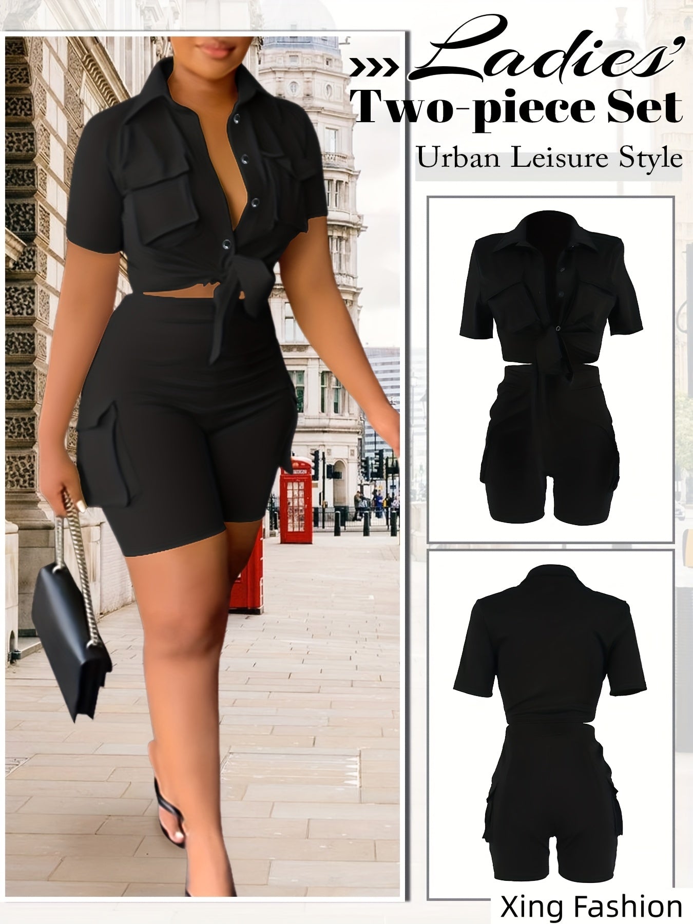 Women 2pcs Outfits Summer Casual Short Sleeve Button Top Biker Shorts with Pockets Solid Color Streetwear Set