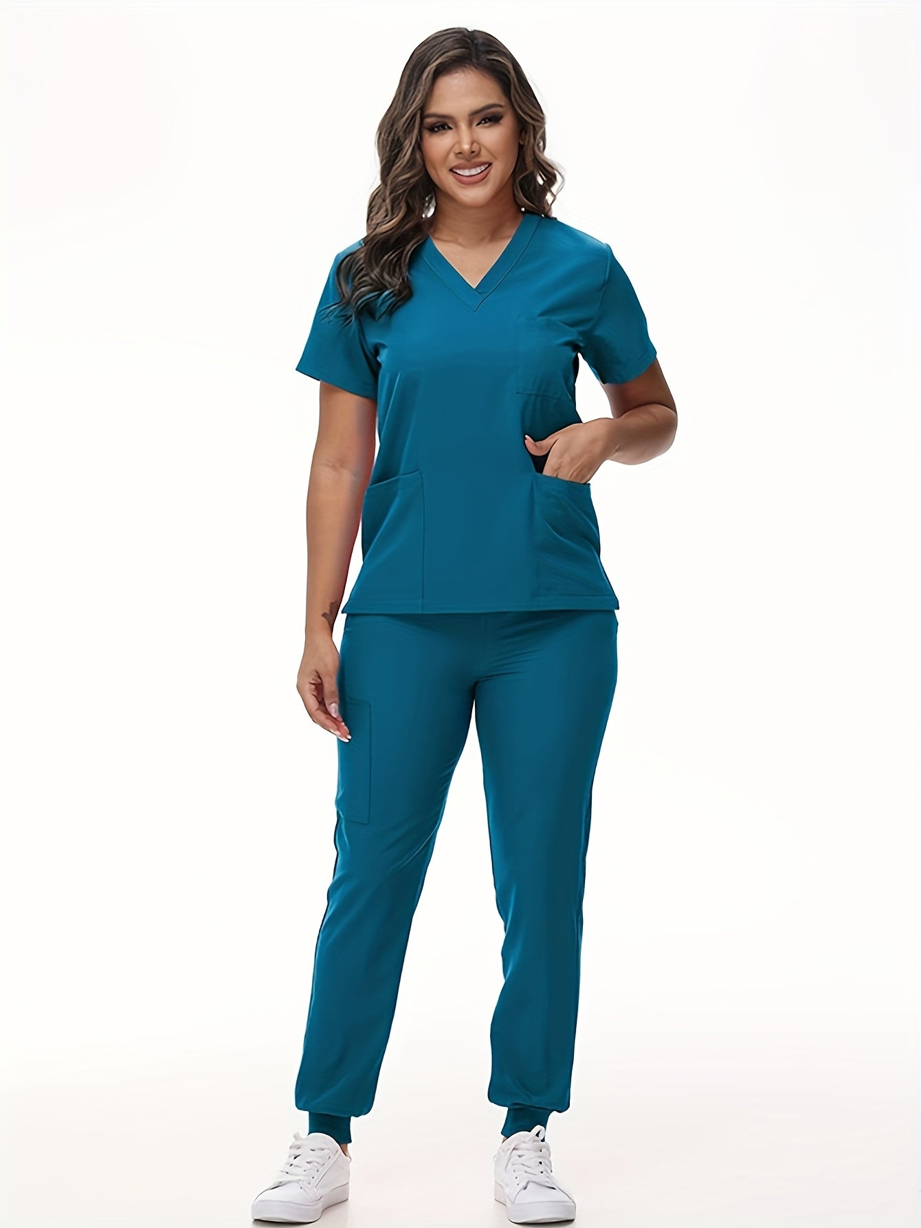 [Breathable Scrubs Set] Scrubs Top And Pants Unisex Breathable Quick Drying Scrubs Uniform Women And Man Scrubs Set V-Neck Top T-Shirt And Tapered Leg Jogger With Drawstring Nursing Uniforms Set Suitable For Pet Hospitals, Dental Clinics, Nursing Work, Et
