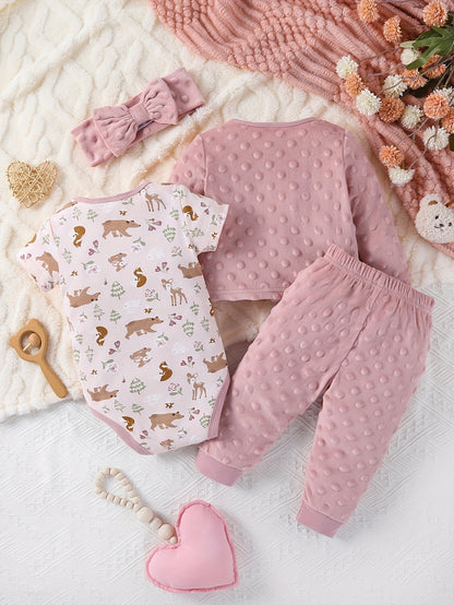 4pcs Autumn And Winter Baby Girl Triangular Jumpsuit, Cartoon Cute Bear Style Velvet Long-Sleeved Hair Tie Baby Girl Set Long Pants, for Outdoor