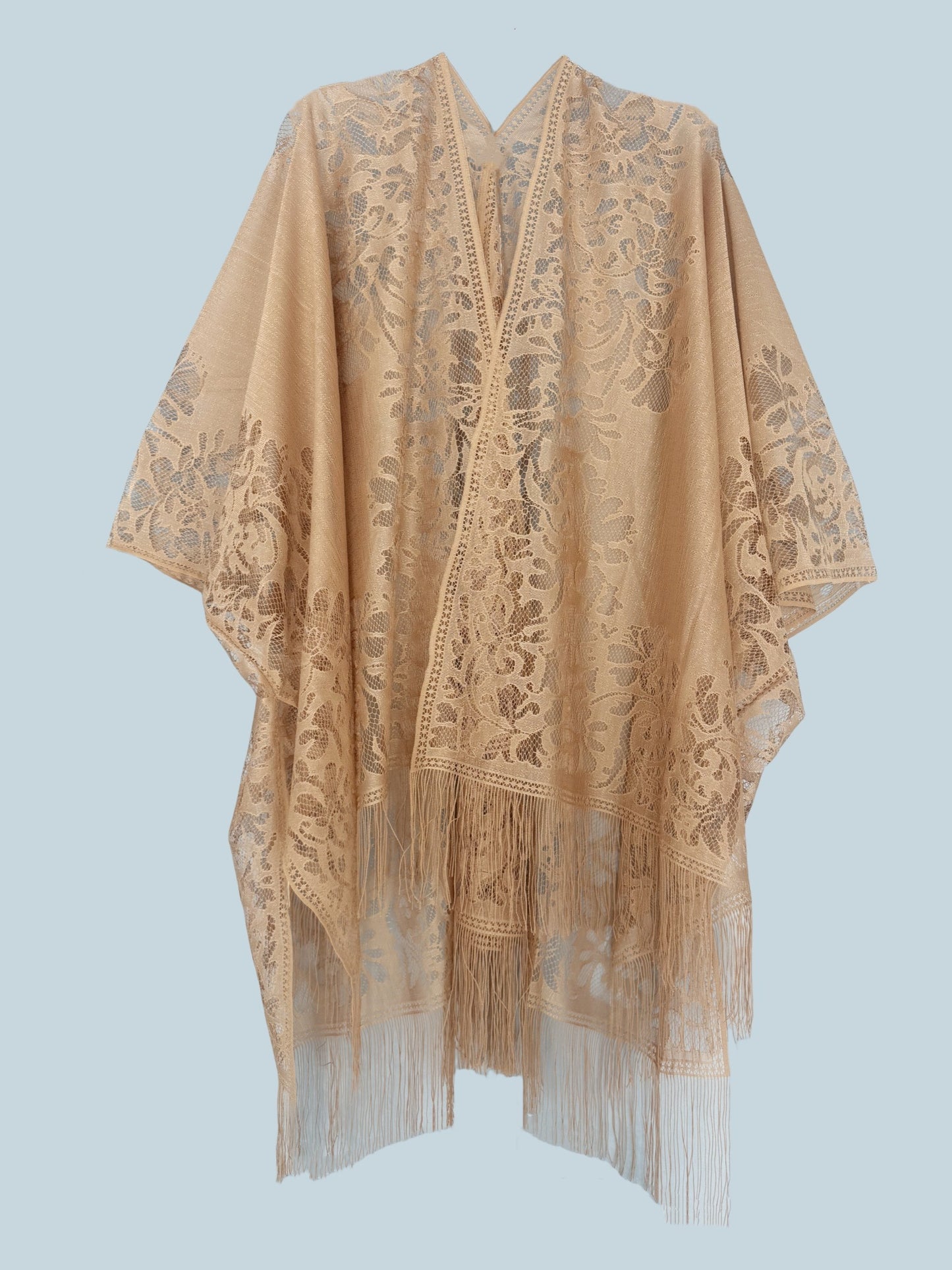 Woman's Plus Size Boho Cover Up, Lace Kimono, Women's Plus Floral Lace Batwing Sleeve Cover-Up, Open Front Tassel Trim Kimono, Lightweight Beach Cover Up