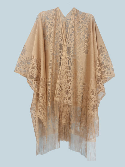 Woman's Plus Size Boho Cover Up, Lace Kimono, Women's Plus Floral Lace Batwing Sleeve Cover-Up, Open Front Tassel Trim Kimono, Lightweight Beach Cover Up