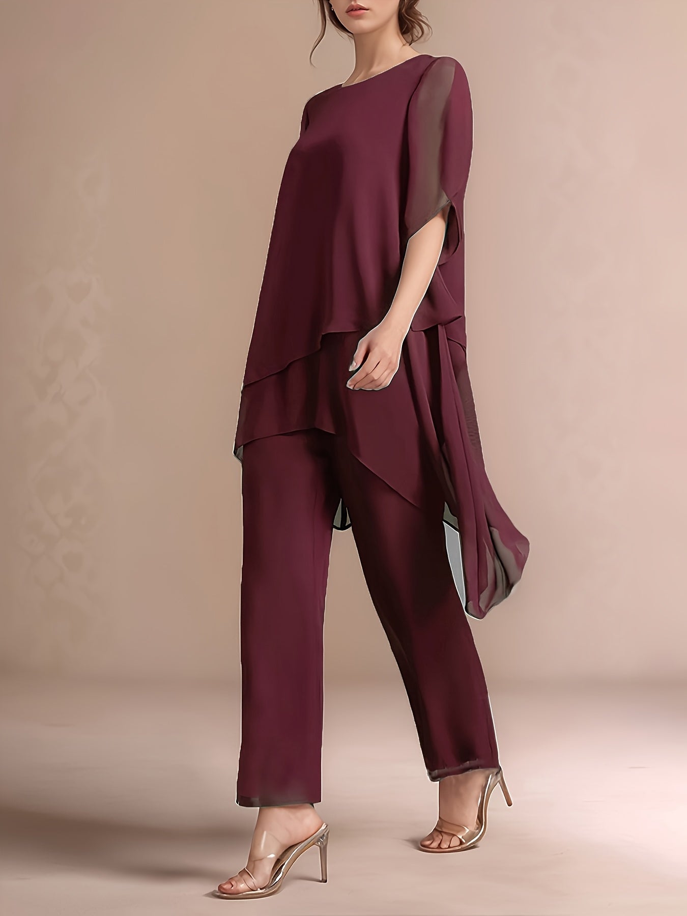 Women'S Chiffon Short Sleeve 2pcs Set Solid Color Irregular Elegant Party Fashion Suit