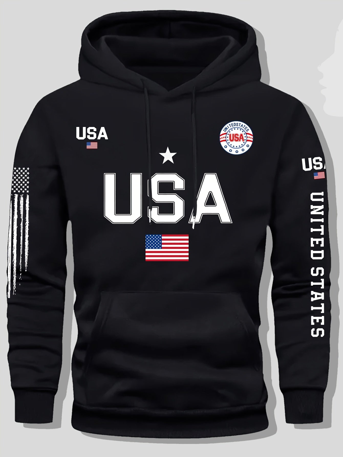 USA Flag Pattern Printed Hoodies, Men's Sweatshirts, United States Letter Printed Casual Knitted Fabric Pullovers for Both Men and Women, Student Couple Outfits, Fashionable Sweatshirts, Autumn and Winter Men's and Women's Sweatshirts