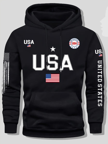 USA Flag Pattern Printed Hoodies, Men's Sweatshirts, United States Letter Printed Casual Knitted Fabric Pullovers for Both Men and Women, Student Couple Outfits, Fashionable Sweatshirts, Autumn and Winter Men's and Women's Sweatshirts