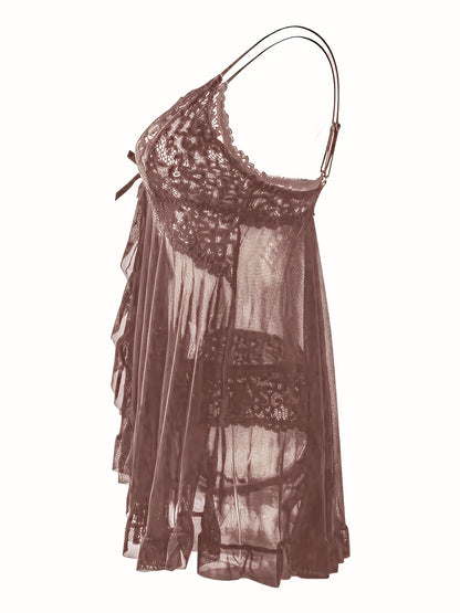 Big Size Sultry Valentine Lace Sleepwear Dress Set - Exquisite Lace, Flattering V-Neckline, Daring Backless Design, Delicate Ruffle Trim, Trendy Split Hem, Seductive Thong Detail, Ultra-Comfortable Fabric, Perfect For Romantic Night, Anniversary Gift