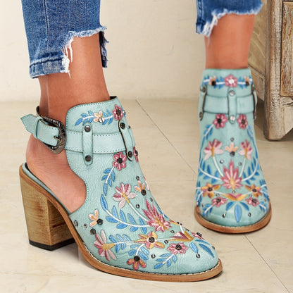 2025 New Women's Chunky Heel Ankle Boots, Pointed Toe Floral Vintage Style with Comfortable Open Back Strap, Women Shoes