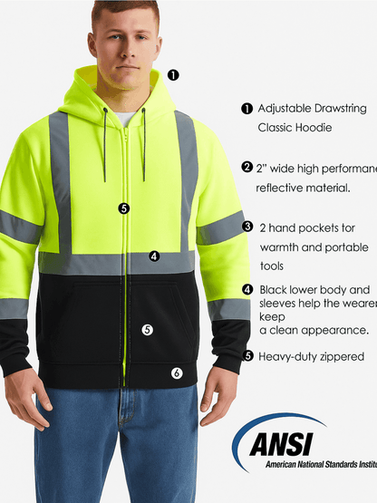 Hi Vis Heavyweight Hoodie ANSI Class 3 Type R Reflective Zip-Up Safety Sweatshirt for Construction with FREE Neck Gaiter