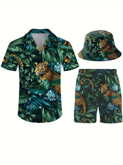 Men's Three-Piece Beach Outfit Set - Resort Print Summer Urban Edition