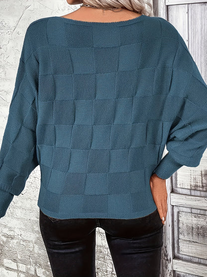 Checkered Pattern Boat Neck Batwing Long Sleeve Casual Holiday Business Commuting Warm Autumn Winter Fashion Women'S Top