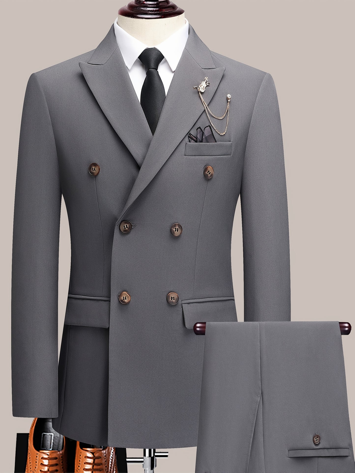 Latest Men's Solid Color Suit Two-Piece Suit Peaked Lapel Double-Breasted Four Seasons Men's Business Suit Formal Business Casual Wedding Dress