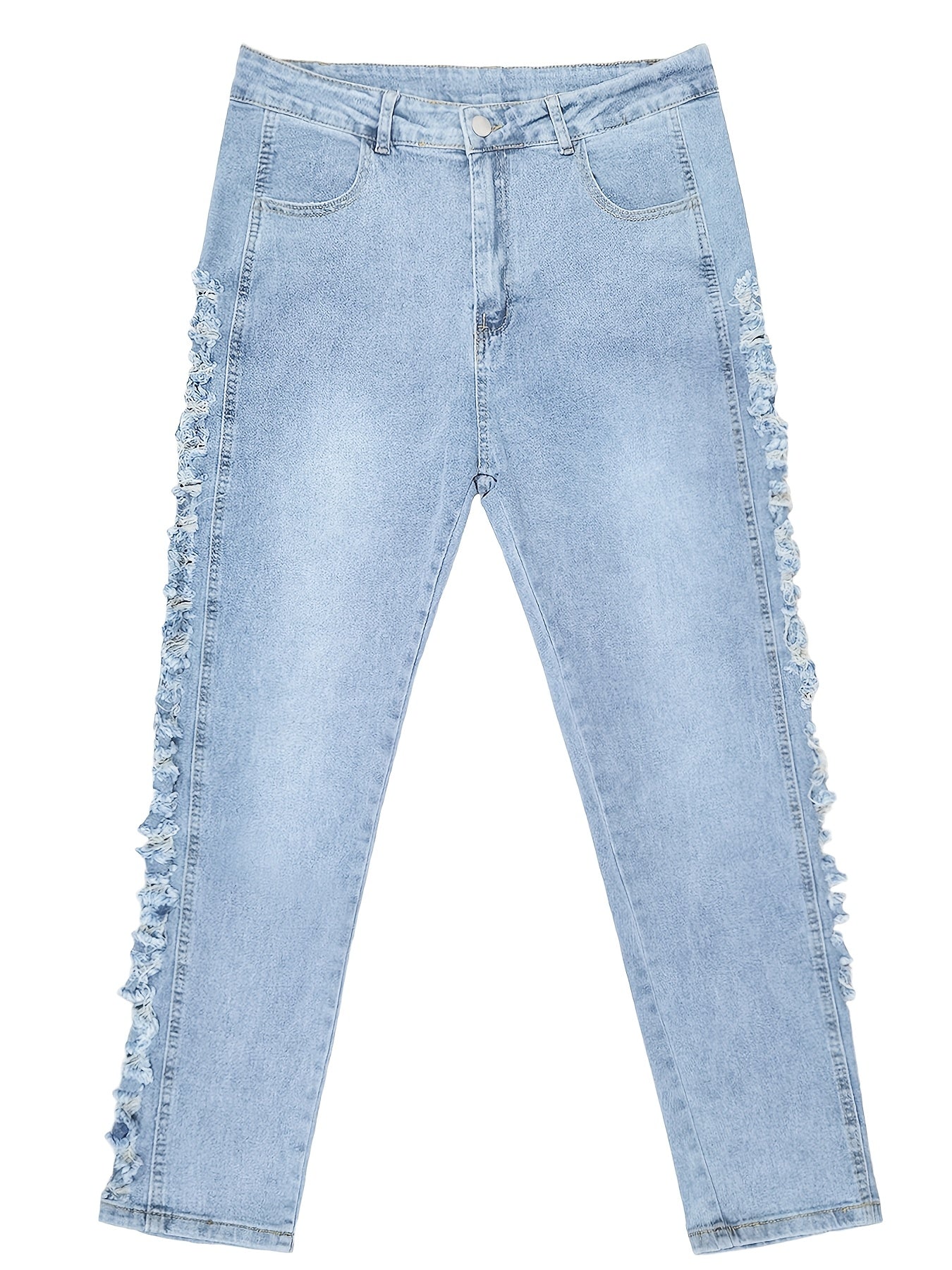 Extra Large Size Blue Jeans | High Waist Elastic Tight Hip Lifting Sexy Pencil Pants, Ripped Details, All-season, Machine Washable, Comfortable Fabric, Fashionable and Casual