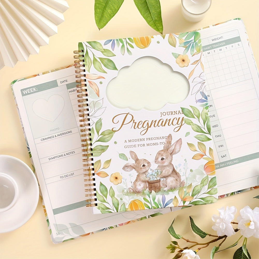 Pregnancy Journal and Memory Book - 96 Sheets - Floral bunny cover with stickers and sonogram photo insert