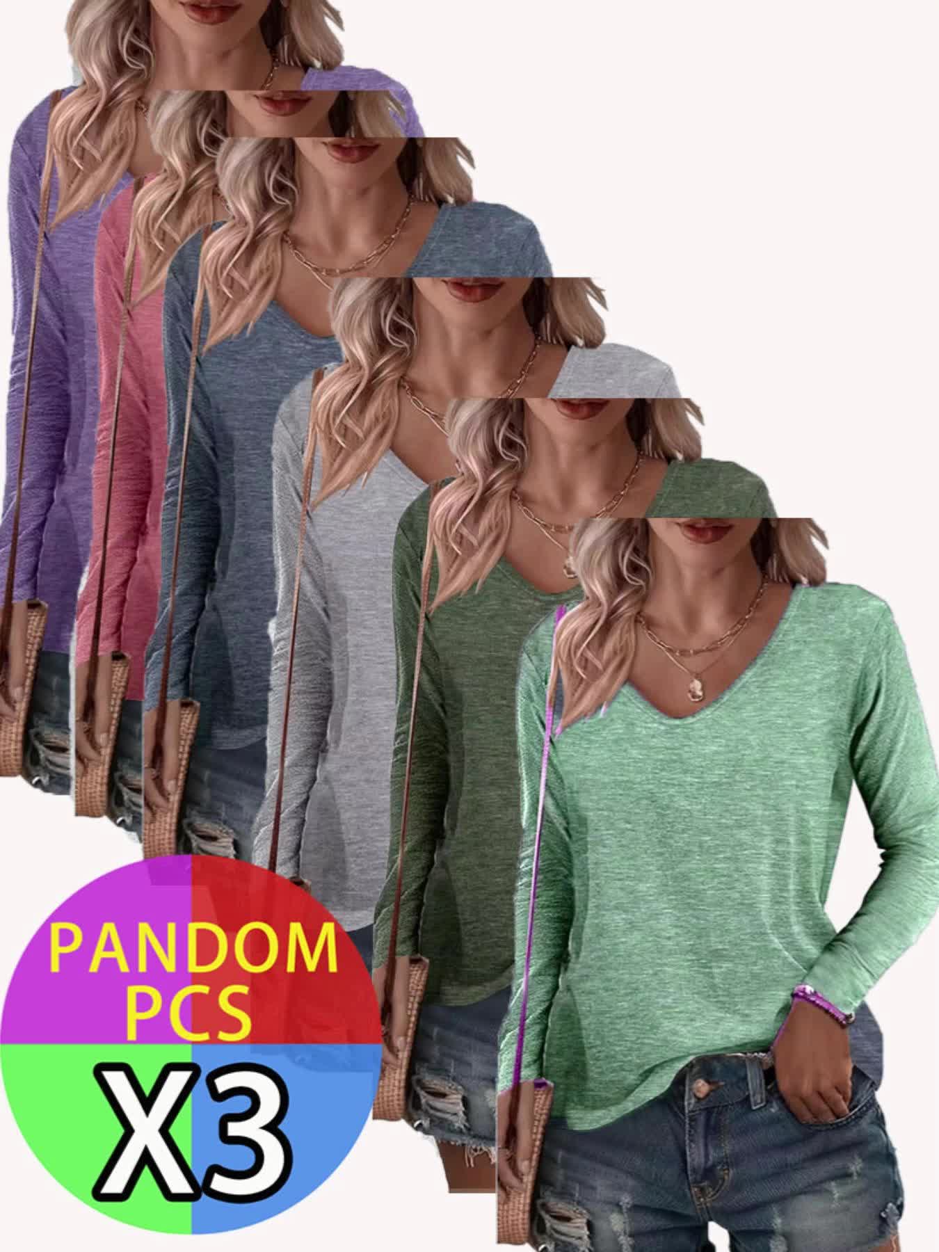 3pcs Women's Spring and Autumn T-shirt Set, Long-sleeved, No Pockets on the Chest, Casual and Comfortable Top.