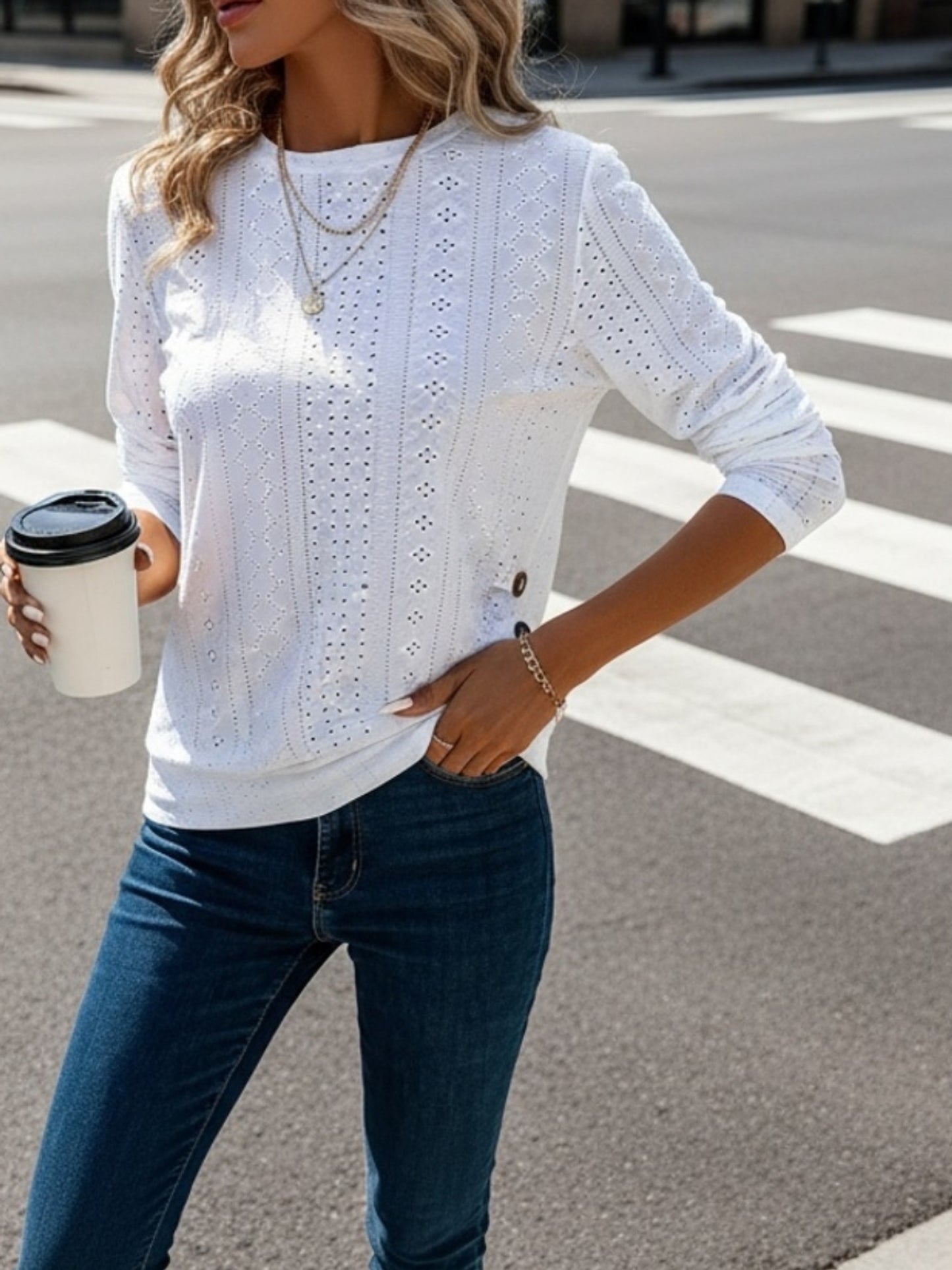 Women's Elegant Long Sleeve T-Shirt - Semi-Sheer Top with Decorative Hollow Buttons, Soft Everyday Blouse for Women, Office, Formal Events - Machine Washable All-Season Tops, Office Attire, Chic Design, Breathable Material, Versatile Topper, Casual Wear