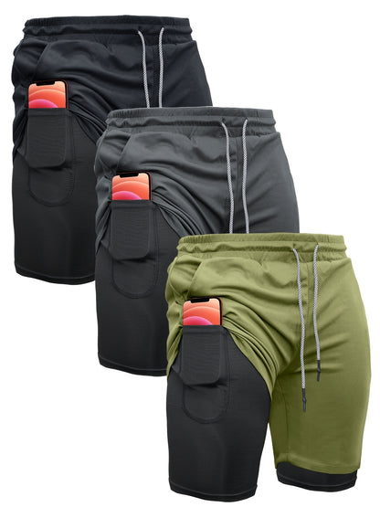 3pcs Men's 2-in-1 Double-layer Shorts with Inner Pocket, High Stretch Sports Shorts, Suitable for Summer Running, Gym Exercise And Training