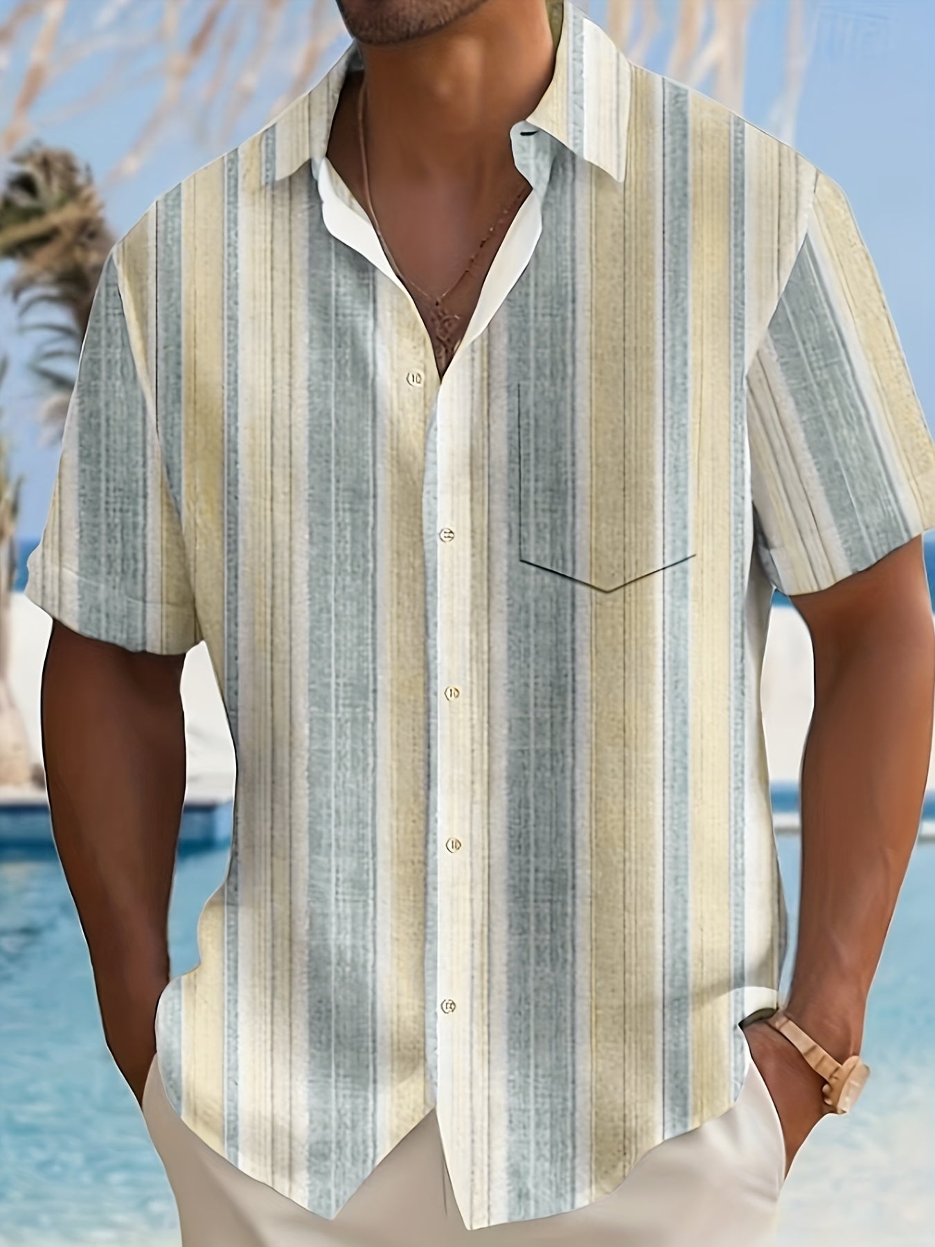1pc Men'S Casual Striped Short Sleeve Shirt - Polyester 95%, Spandex 5% Blend, Summer Lapel Collar, Woven Fabric, Regular Fit with Button Details, Plus Size
