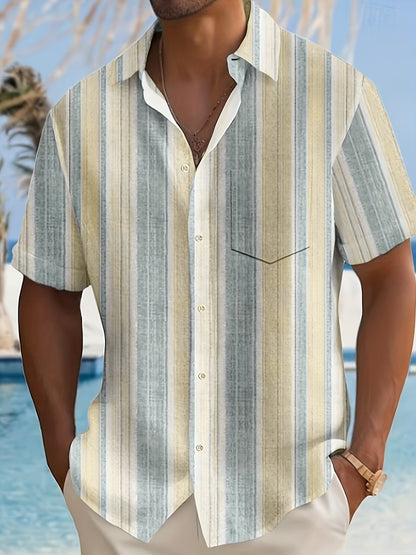 1pc Men'S Casual Striped Short Sleeve Shirt - Polyester 95%, Spandex 5% Blend, Summer Lapel Collar, Woven Fabric, Regular Fit with Button Details, Plus Size