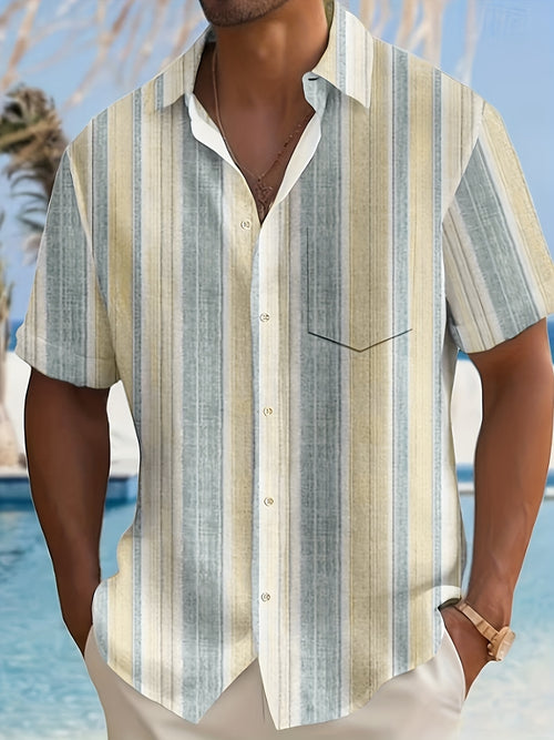 1pc Men'S Casual Striped Short Sleeve Shirt - Polyester 95%, Spandex 5% Blend, Summer Lapel Collar, Woven Fabric, Regular Fit with Button Details, Plus Size