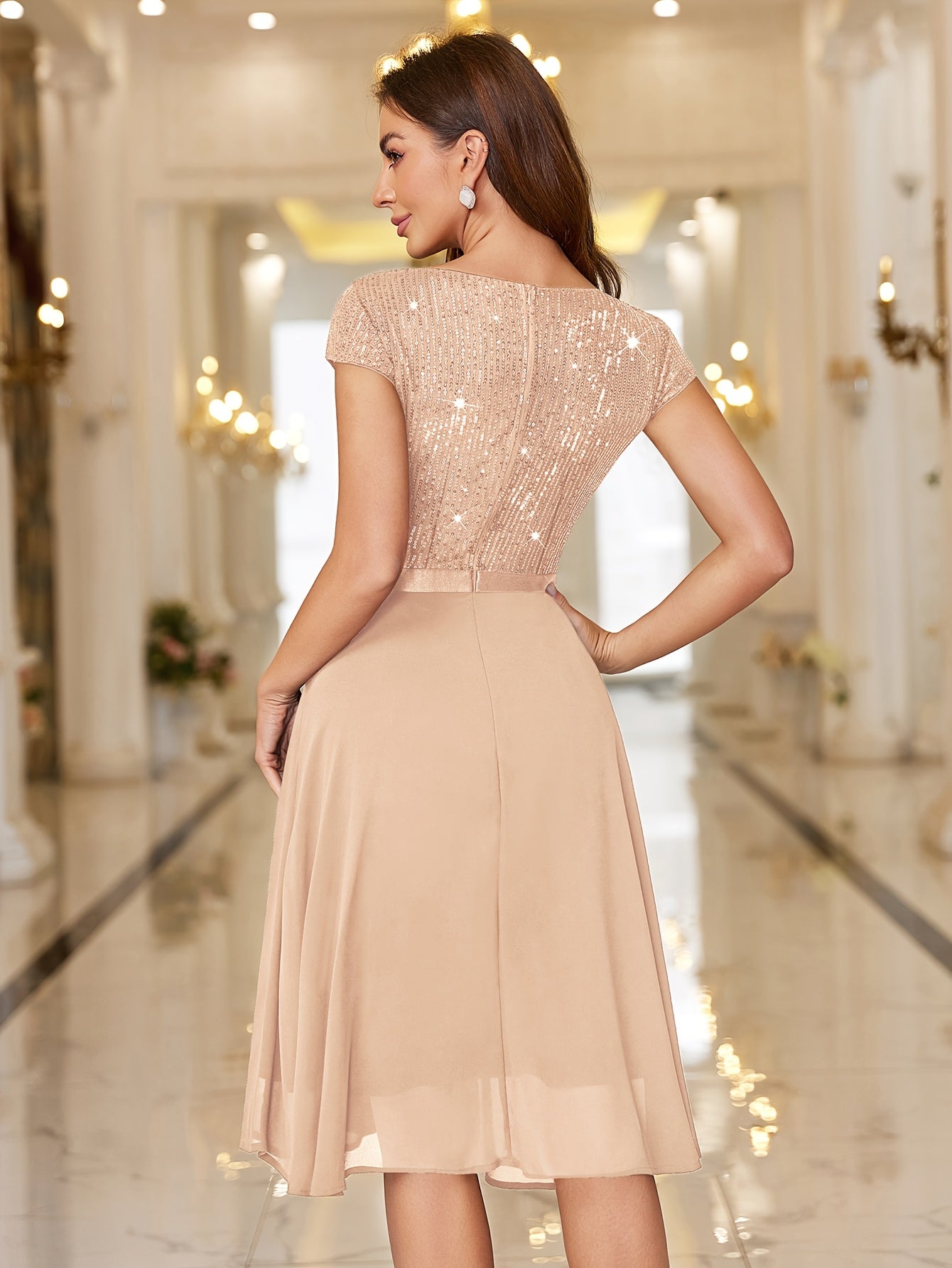 Y82016 Elegant Women's Glitter Sequin Chiffon A-Line Bridesmaid Dress with Cap Sleeves & Ruffled Hem - Sparkling Wedding Party Dress for Bridesmaids, Prom, Birthday, Formal Evening Gown - Machine Washable Chiffon