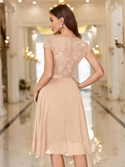 Y82016 Elegant Women's Glitter Sequin Chiffon A-Line Bridesmaid Dress with Cap Sleeves & Ruffled Hem - Sparkling Wedding Party Dress for Bridesmaids, Prom, Birthday, Formal Evening Gown - Machine Washable Chiffon
