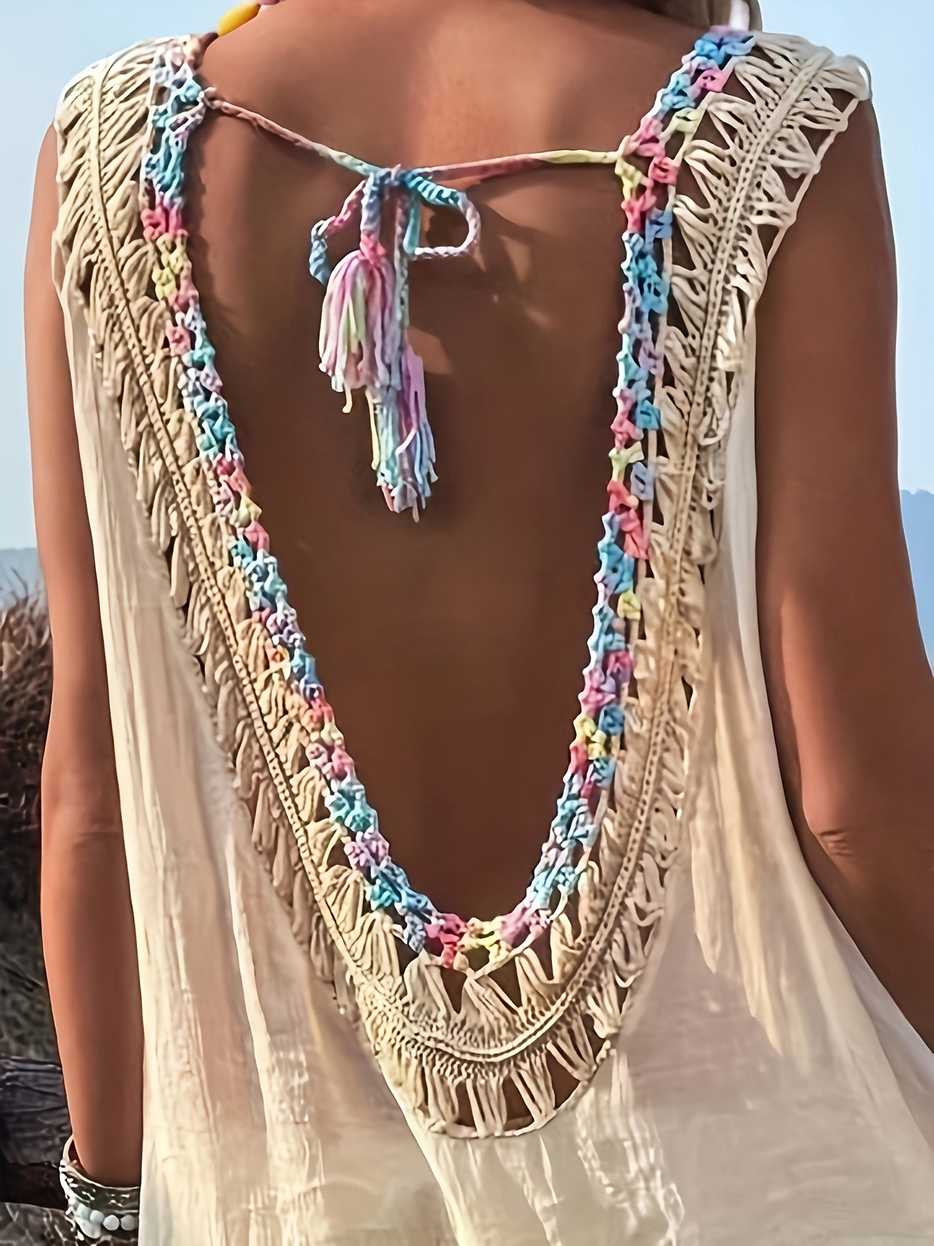Women's Summer Vacation Style Hand Hook Splicing Color Thread Splicing Fringe V-neck Pullover Hollowed Out Beach Bikini Smock Skirt