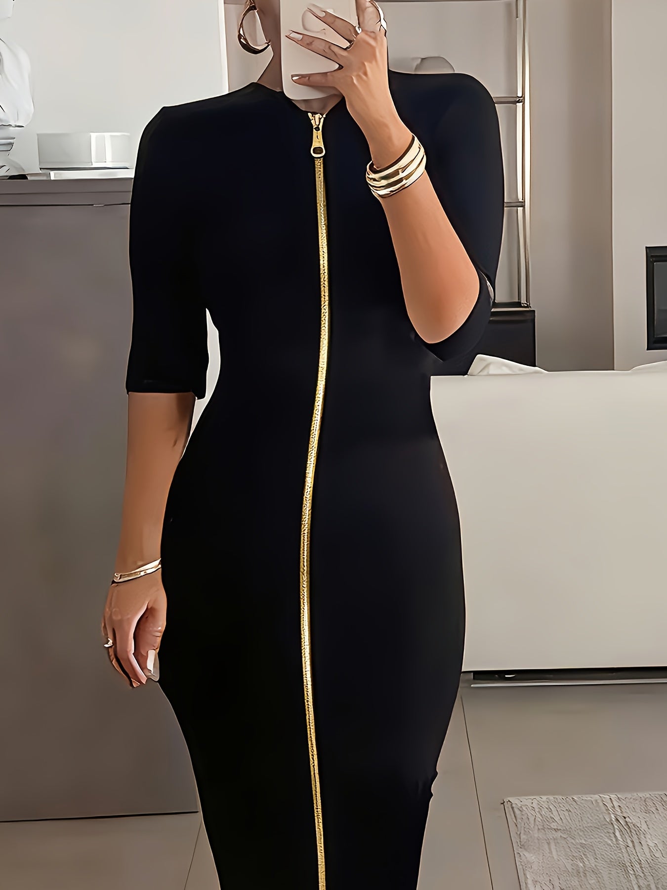 Elegant and Simple, Slim-fit Cut, Zipper Design, Boat Neckline, Mid-length Short-sleeve Dress, Cardigan Dress, Suitable for Fashionable Women, Short-sleeve Dress for Spring, Summer, and Autumn