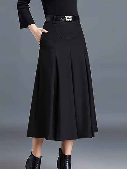 Women'S High-Waisted Winter Skirt - Elegant A-Line Pleated Design, Cold Weather Skirt for Fall And Winter Seasons, Sophisticated Style, Quality Stitching, Office Attire, Classic Design, Durable Material, Professional Women