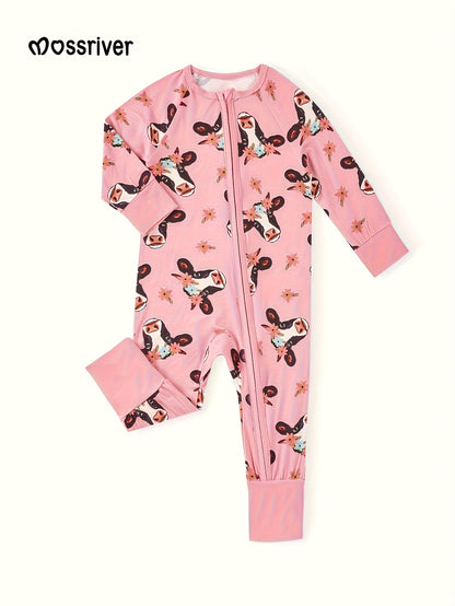 LULUKAKA Newborn Baby Girl Bamboo Fiber Zippered Pink Jumpsuit, Farm Series Cartoon Bull Full Body Print Design, Long Pants Bamboo Fiber Outfit for Baby Girls, Bamboo Toddler Sleepwear, Bodysuit for Toddlers And Infants