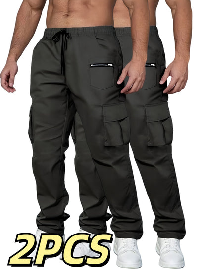 2pcs Men'S Fashion Cargo Pants, Casual Hiking Trousers, Breathable Comfortable Loose Straight Trousers with Multiple Pockets for Spring, Summer, Fall, Winter - Polyester