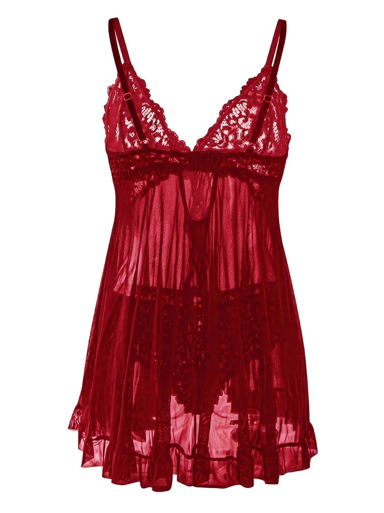 Big Size Sultry Valentine Lace Sleepwear Dress Set - Exquisite Lace, Flattering V-Neckline, Daring Backless Design, Delicate Ruffle Trim, Trendy Split Hem, Seductive Thong Detail, Ultra-Comfortable Fabric, Perfect For Romantic Night, Anniversary Gift