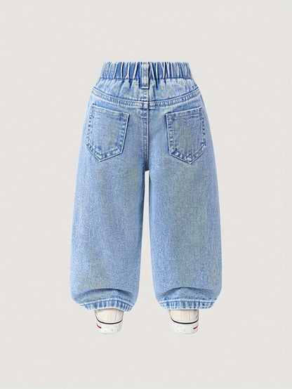 CuddClio Only 1 Pair Of Jeans Included. Baby Girls Loose-Fit Jeans For Fall & Winter, Cute Pink/Purple Bow Embroidered Jeans, Comfortable Denim With Elastic Waistband, Casual & Outdoor Wear, Ideal For Halloween/Christmas Gifts.