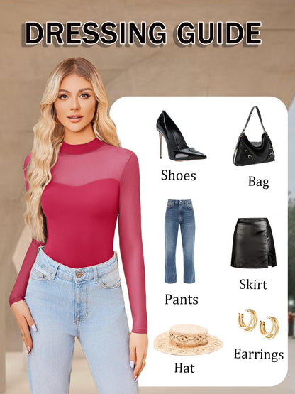 Sexy Mock Turtle Neck Sheer Mesh Long Sleeve Bodysuit Shirts Ruched Body Suit Leotard Tops