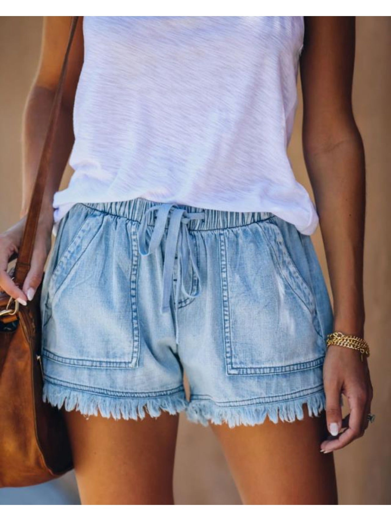 Elastic Waist Fringe Denim Shorts High Waist Casual Versatile Daily Fashion Elegant Sexy