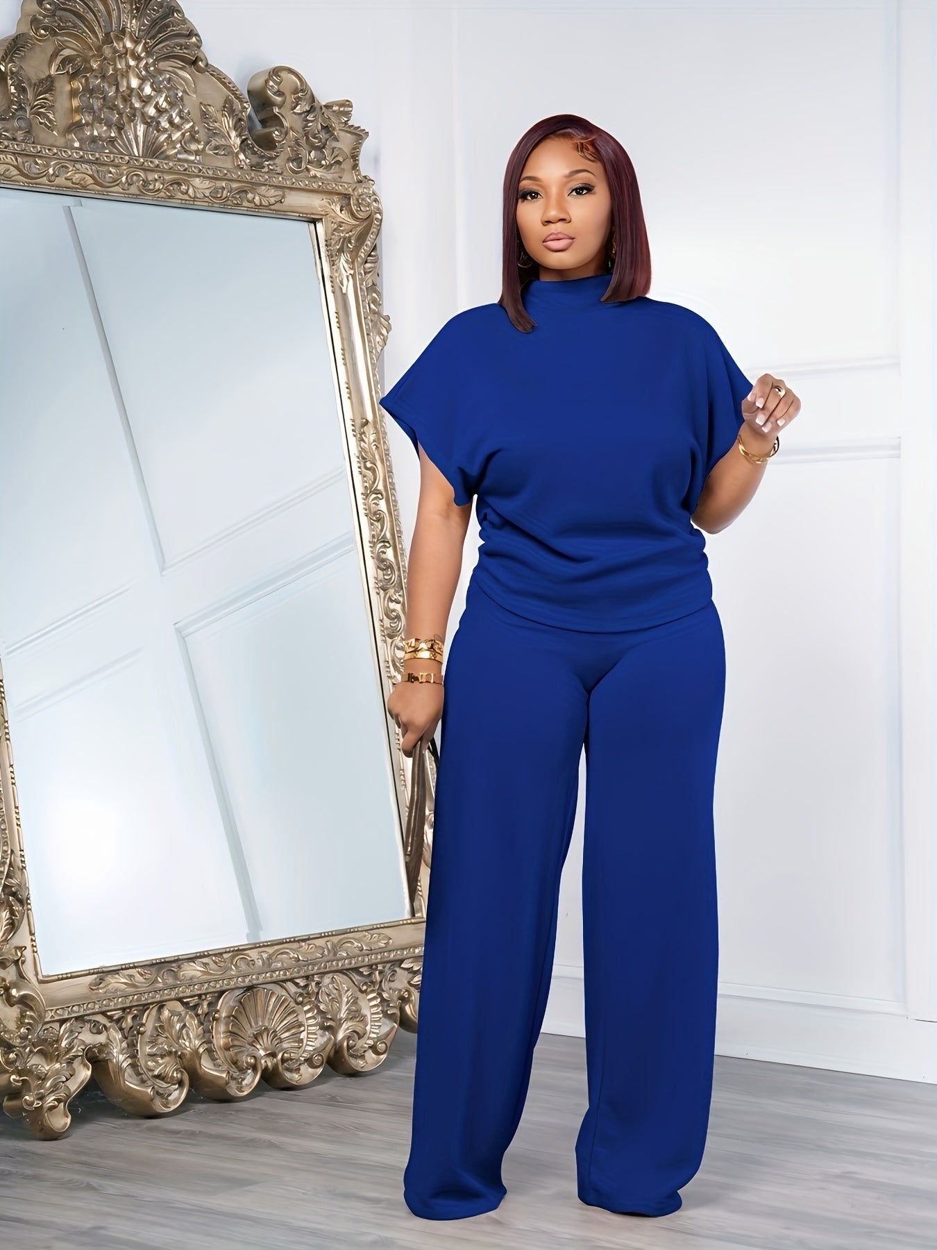 Women's Spring And Summer Two-piece Casual Set Short Sleeved Semi High Neck Loose Top Wide Leg Pants Set, Casual Sports Set