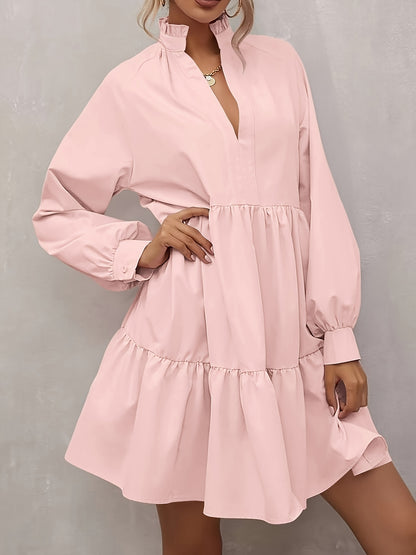 Casual V-Neck Long-Sleeve Tunic Dress for Women with a Loose Fit And Ruffled Tiers for Fall