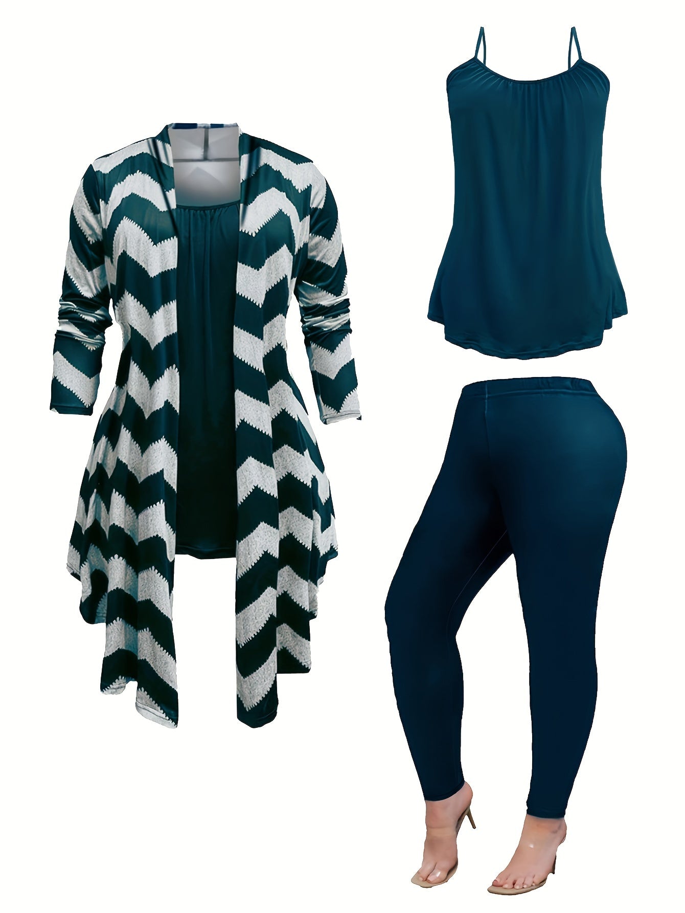 Three Piece Women's Plus Size Casual Outfits Set - Wave Trim Long Sleeve Coat, Cami Top, And Leggings - Stylish And Comfortable