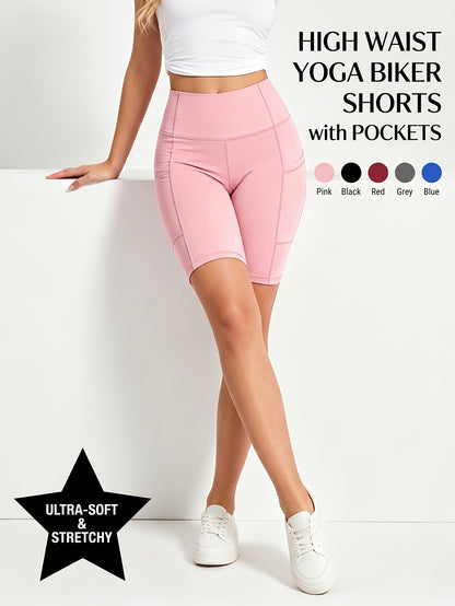 5pcs Set Of Women'S Sports Yoga Shorts, Running Tight Quick-drying Motorcycle Shorts, Three-inch Shorts, High-waisted Yoga Shorts That Tuck In The Abdomen And Lift The Hips, Side Pocket Design, Running Fitness Shorts