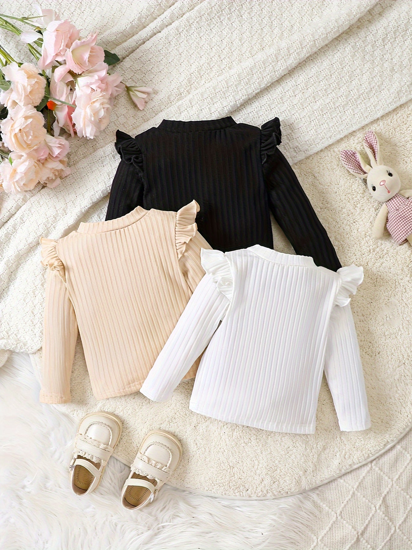 Girls' Clothing - School Season Gifts - Spring/Autumn Round-Neck Short-Sleeved Plaid Base Shirt - Long-Sleeved T-Shirt Set of 3 - Versatile And Cute Casual Style - Baby Girls' Long-Sleeved T-Shirt - Valentine'S Day Gift