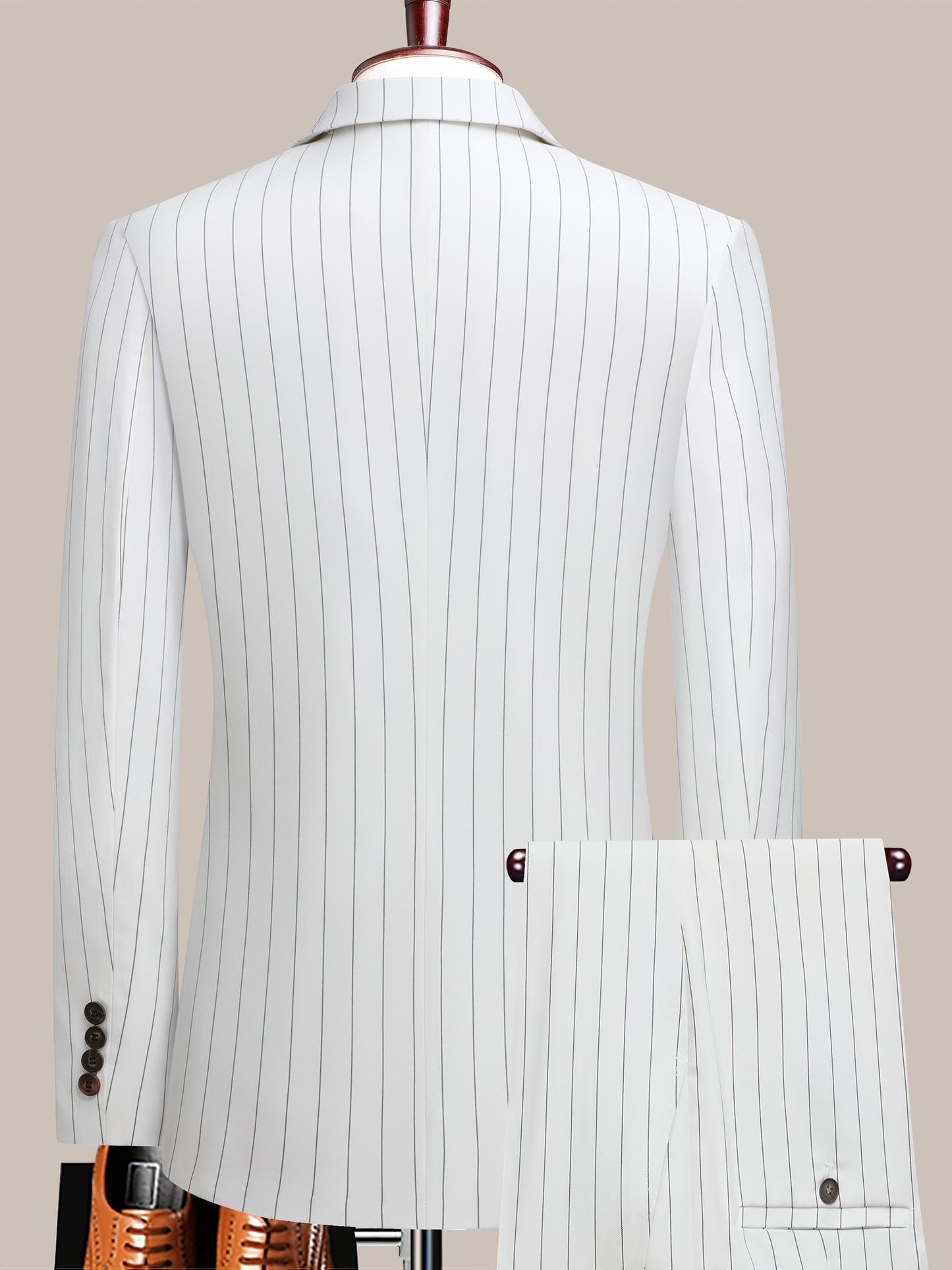 Latest Men's Suit Striped Double-Breasted Suit Spring/ Summer/ Autumn Thin Two-Piece Set with Frill Collar Striped Style Four Buttons Suit Business And Casual Dress Collar Necklace Decoration Slimming Dress Casual Suit White Suit