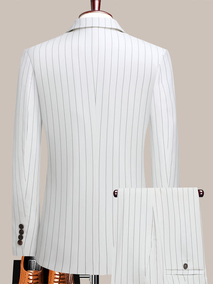 Latest Men's Suit Striped Double-Breasted Suit Spring/ Summer/ Autumn Thin Two-Piece Set with Frill Collar Striped Style Four Buttons Suit Business And Casual Dress Collar Necklace Decoration Slimming Dress Casual Suit White Suit
