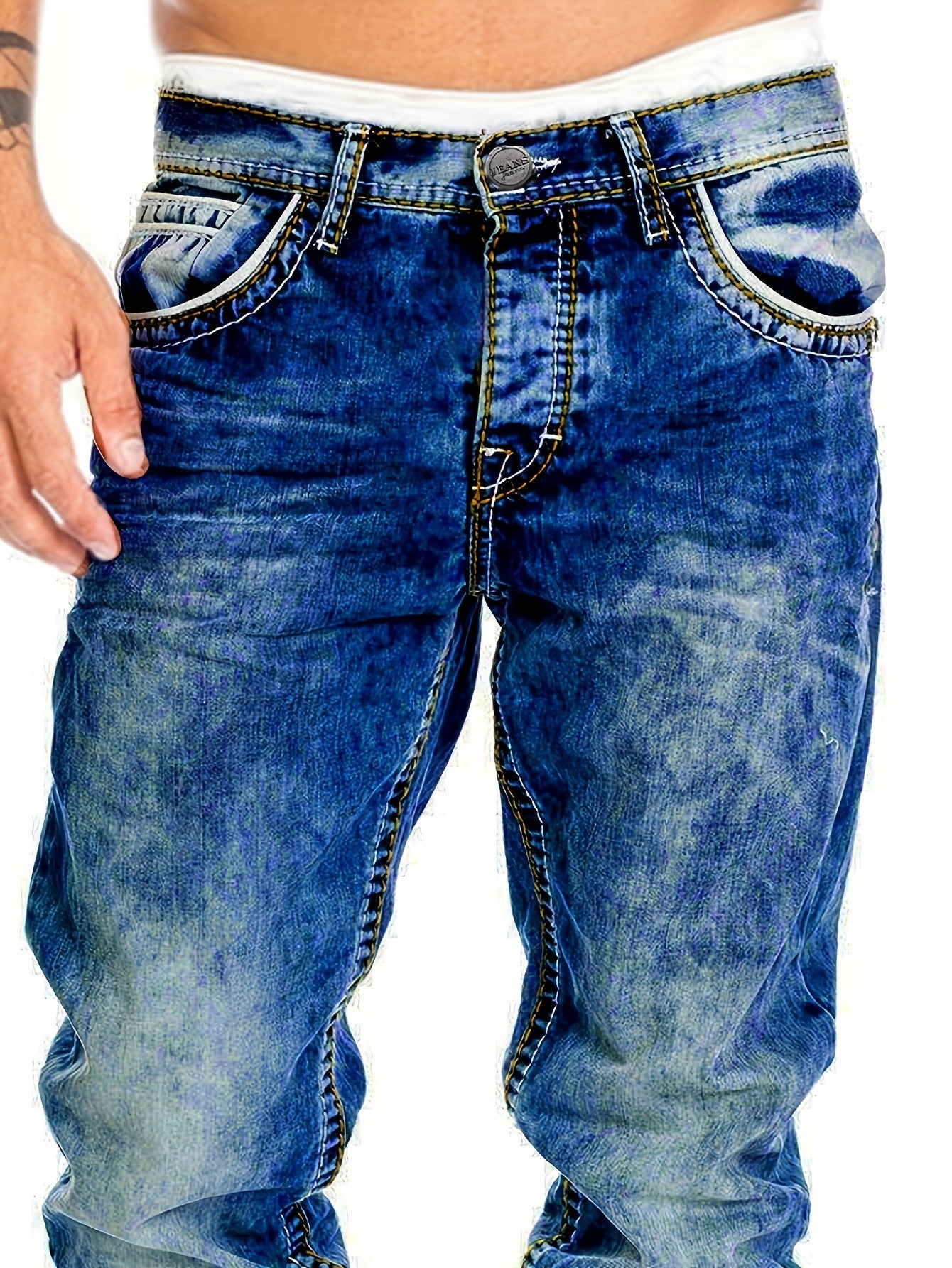 Men's Slim-Fit Straight-Leg Distressed American Snowflake Jeans - Vintage Wash Blue Denim Pants with Snowflake Pattern, Streetwear Style All-Season Casual Wear, Durable Fabric & Hand Washable