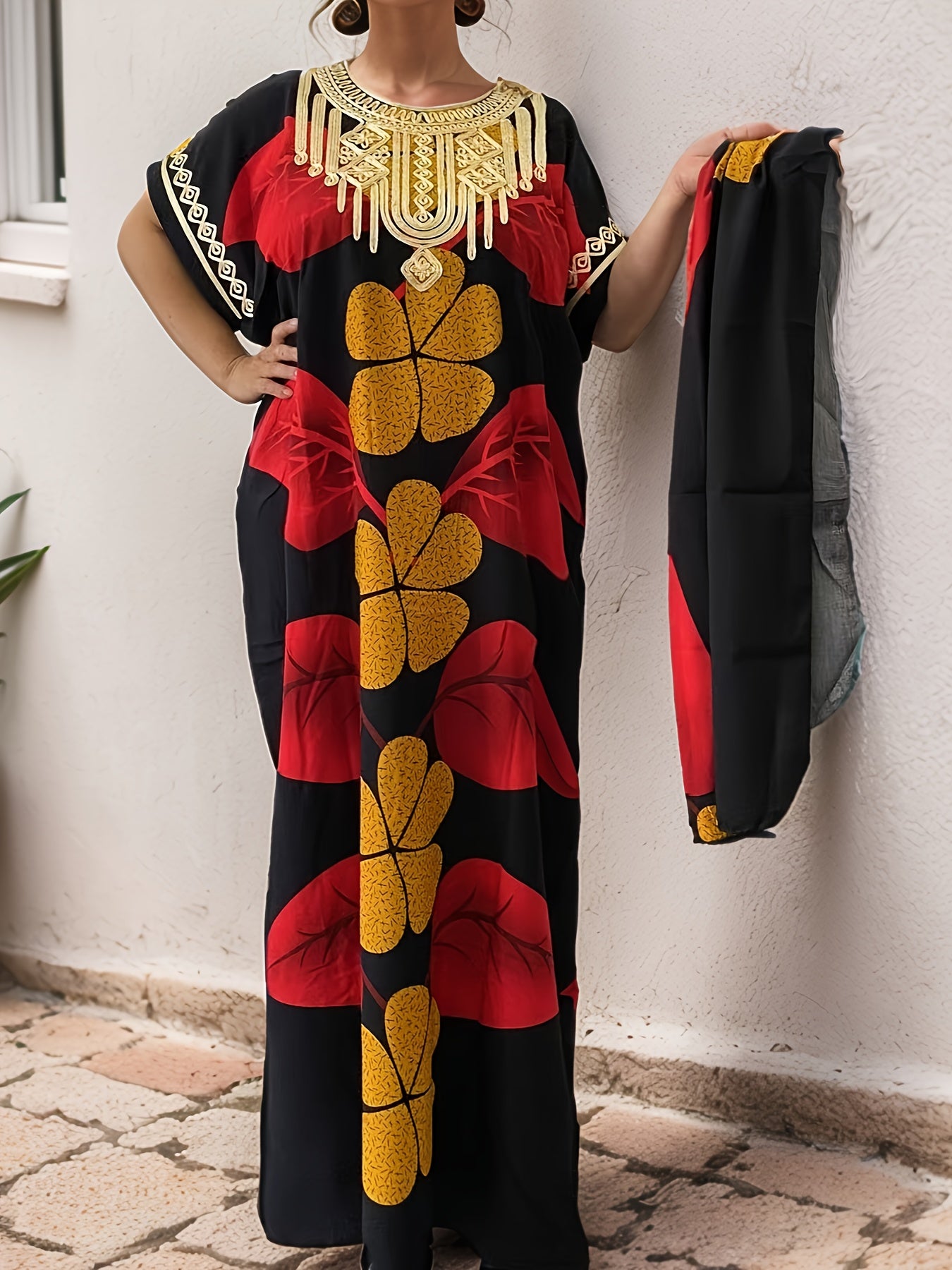 Plus-Size Floral Print Kaftan Dress for Ramadan, Elegant Round-Neck Short-Sleeve Gown for Middle Eastern Women, Women'S Plus-Size Clothing.