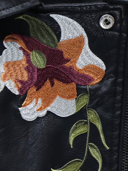 Women's Floral Faux Moto PU Jacket Coat