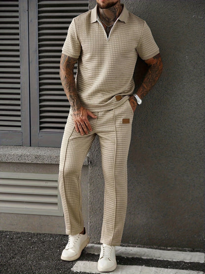 2pcs Men's Summer Commuter Casual Suit: Textured Fabric Half-zip Shirt Paired with Stitched Front Trousers, 2pcs Menswear, Vintage Style, Comfortable Fit.