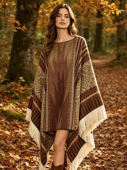 Men's Western Bandit Cape Coat with Tribal Print, Warm V-Neck Poncho with Tassel Trim for Outdoor Adventures, Fall and Winter Casual Wear (Brown/ White)