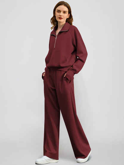 2Pcss Outfits for Women, Oversized Half-Zip Sweatshirt And Wide Leg Sweatpants Set, 2026 Spring Casual Lounge Tracksuit Women'S Trendy 2Pcss Matching Set, Oversized Quarter-Zip Pullover And Loose Wide Leg Trousers, Chic Spring Sporty Outfits