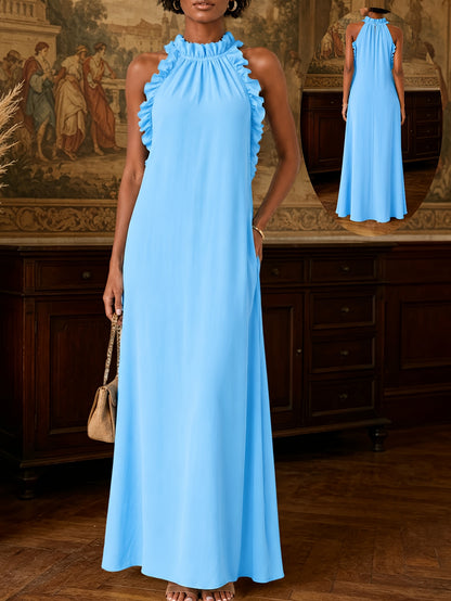 Summer Vacation Style Leaf-Edge Halter-Neck Sleeveless Dress