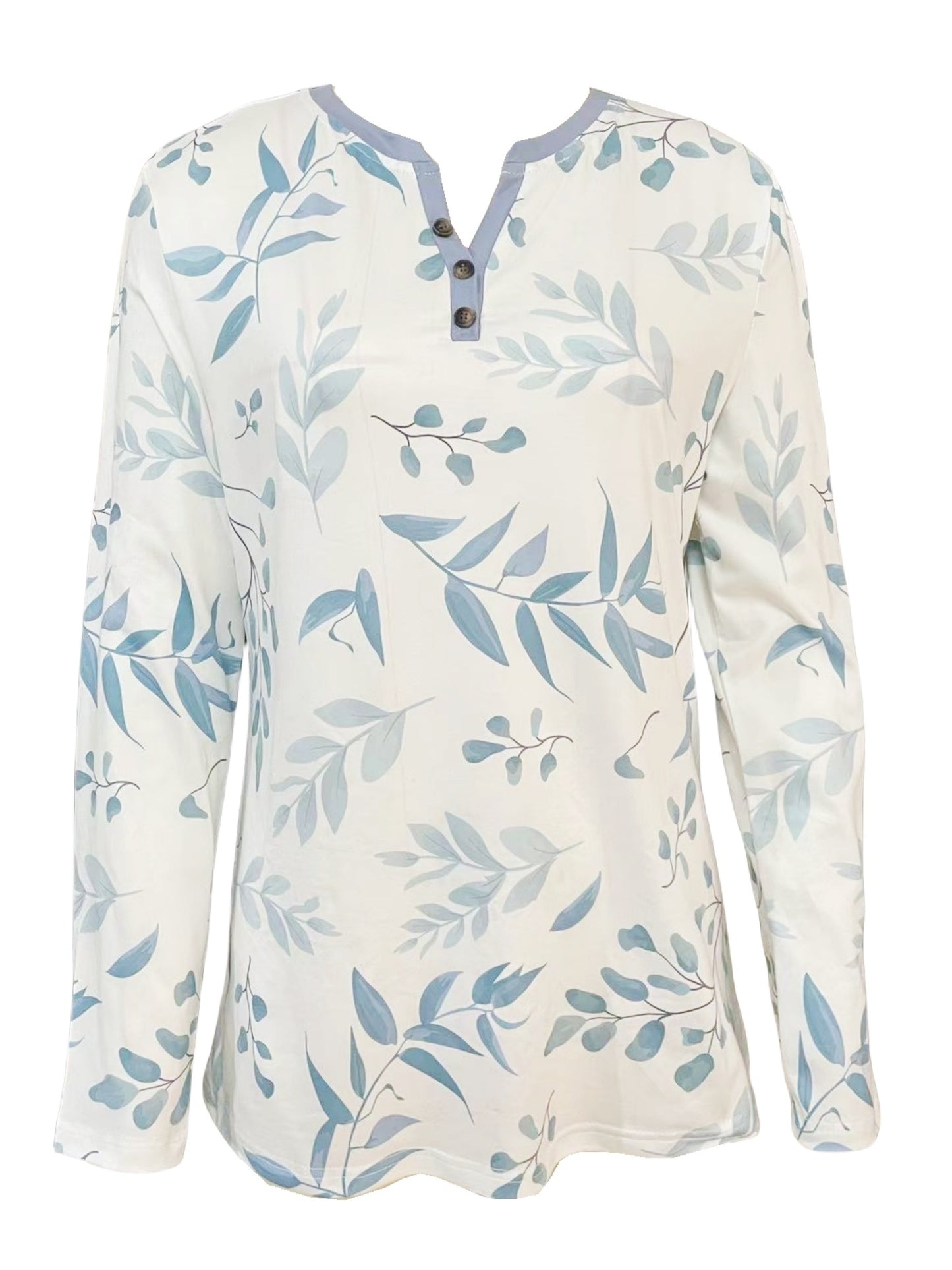 Spring And Autumn New Style Buttoned Leaf Print Casual Long-sleeved T-shirt